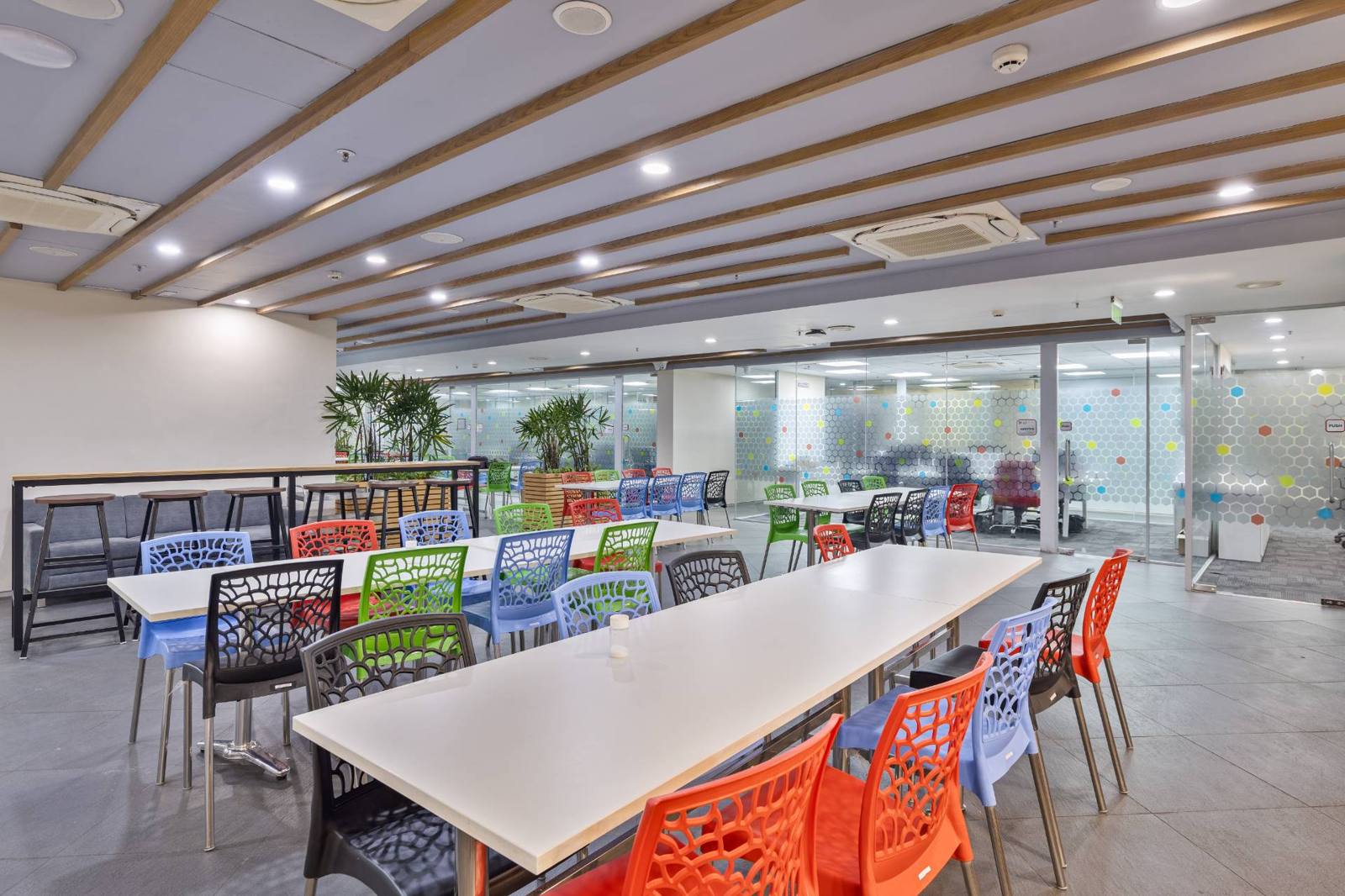 Upper-level breakout seating with bar stools